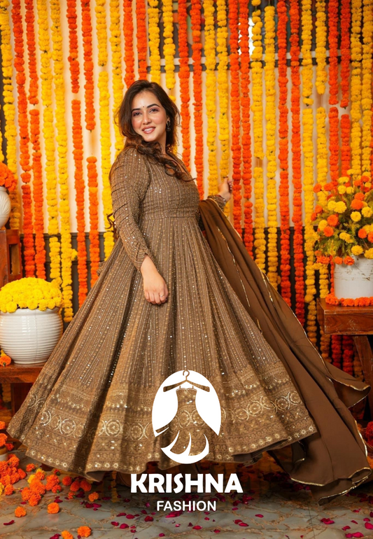 NIGHT STAR CHOCOLATE COLOREMBROIDERED GEORGETTE Formal Gown For Women KF-120