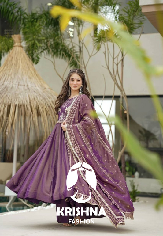Royal Purple Embroidered Anarkali Gown with Dupatta – Festive & Wedding Wear