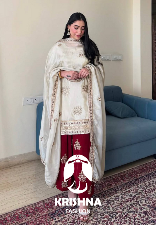 Elegant Cream & Maroon Embroidered Patiala Suit Set – Pure Silk Dupatta KFZ-410