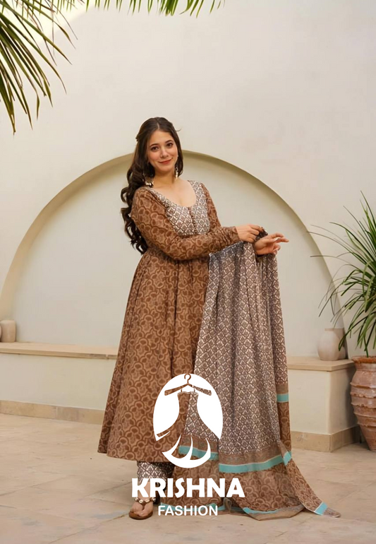 Elegant Brown Printed Anarkali Suit Set with Mirror Work Yoke & Chiffon Dupatta KFT-6050