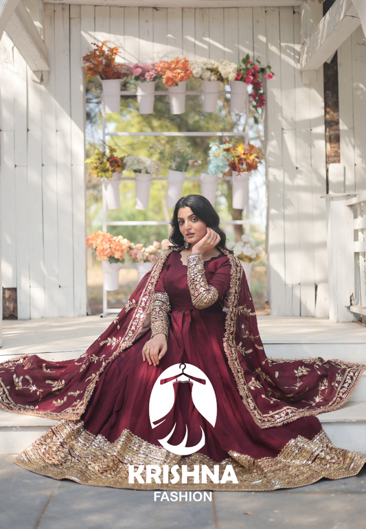 Designer Anarkali Suit Set - Dark Maroon with Intricate Thread-Sequins Embroidery