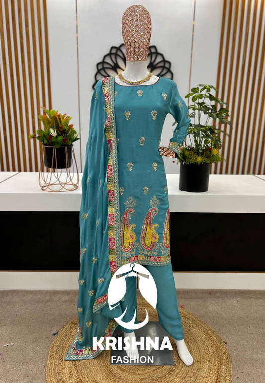 Elegant Teal Chinnon Silk Suit Set with Embroidered Dupatta & Traditional Paisley Motif KFS-1613