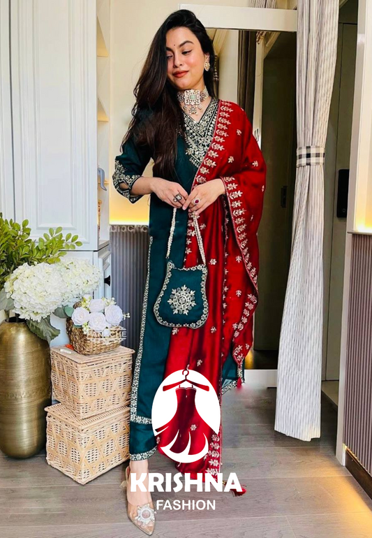 Dark Green Embroidered Punjabi Suit Set with Contrast Red Dupatta KFS-5249