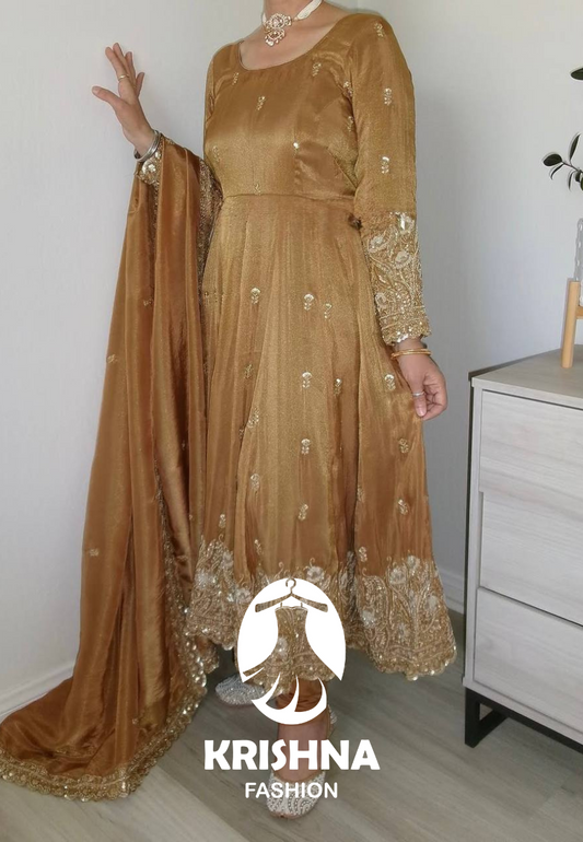 Golden Embroidered Anarkali Suit with Dupatta KFZ-412