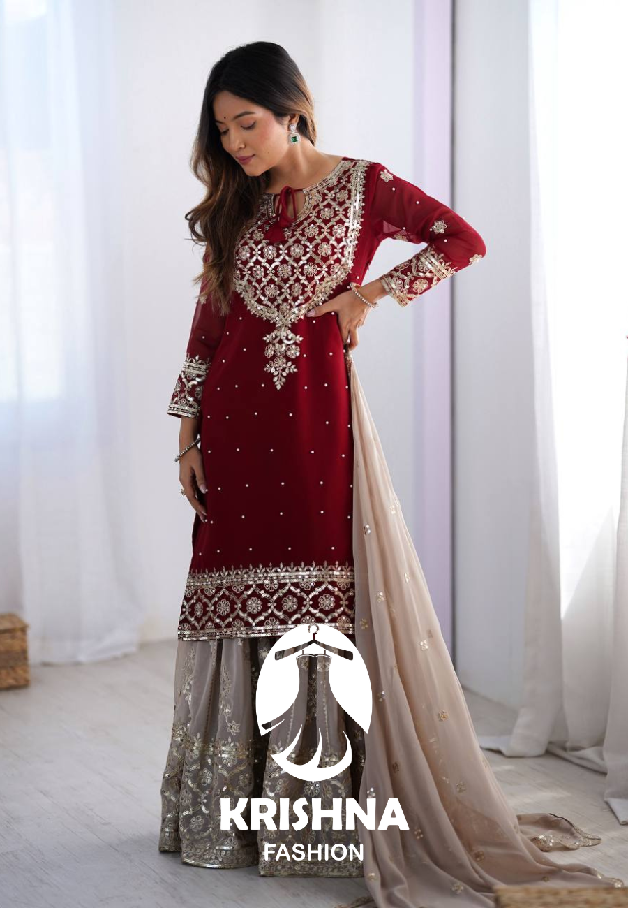 Chinnon Embroidered Kurta with Heavy Sharara and Dupatta KFZ-3110