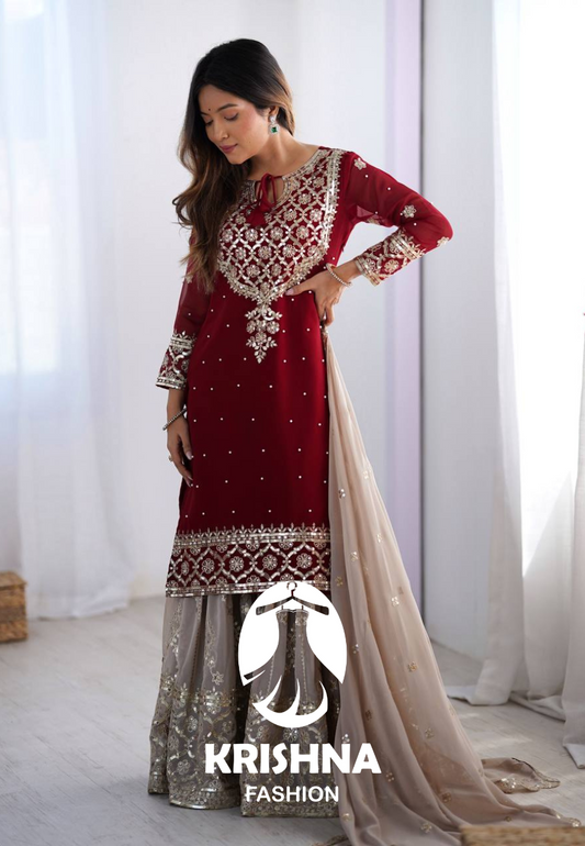 Chinnon Embroidered Kurta with Heavy Sharara and Dupatta KFZ-3110