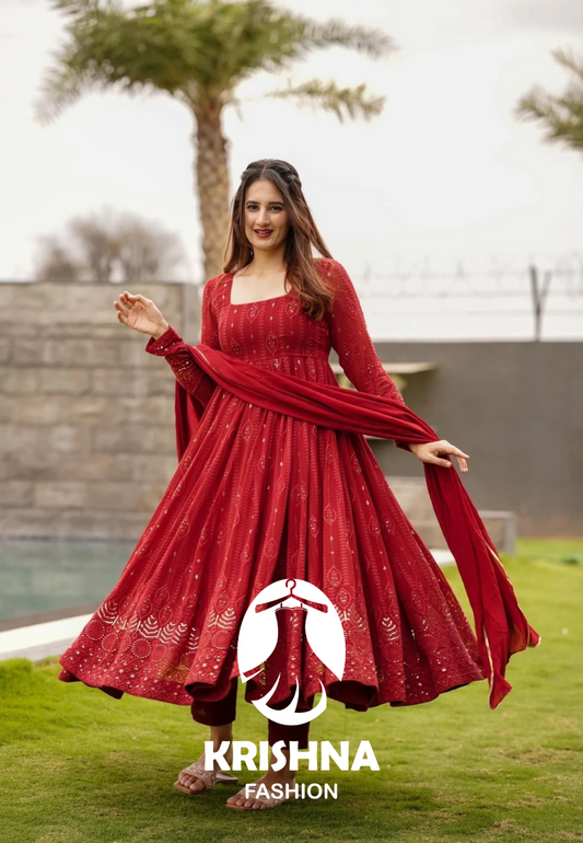 SANAYA'S' RED EMBROIDERED GEORGETTE SUIT SET KF- G101