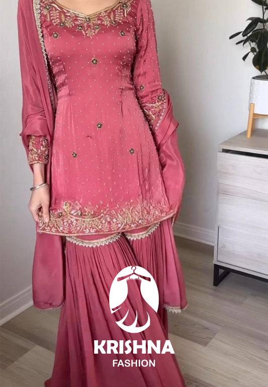 Simmer Silk Sharara Suit with Embroidery & Pearl Work Dupatta  KFS-5241