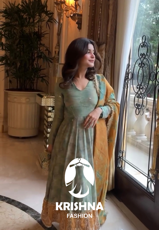 Elegant Pastel Green Anarkali Suit with Mustard Dupatta – Embroidered Ethnic Party Wear for Women KFZ-418