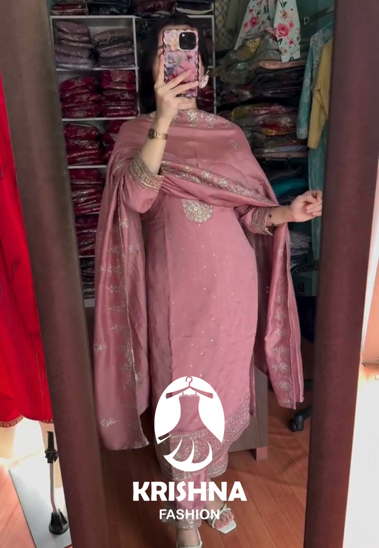 Designer Chinnon Silk Suit Set with Heavy Embroidery & Dupatta KFS-5243