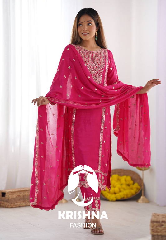 Elegant Hot Pink Chinnon Silk Suit Set with Heavy Embroidery & Dupatta KFZ-5001