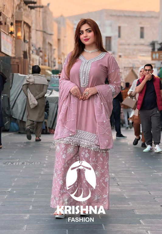 Presenting Rose Pink Georgette Silk Top-Sharara And Dupatta Set KF-836