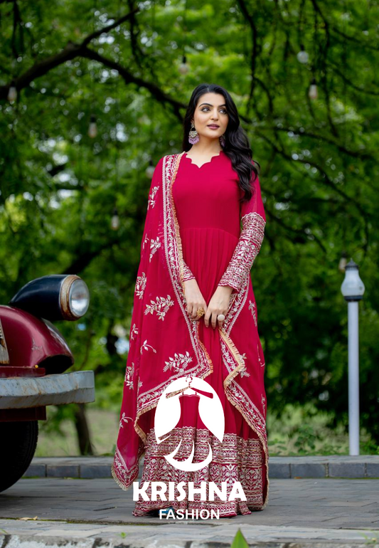 Designer Faux Georgette Embroidered Gown Set KFS-1634
