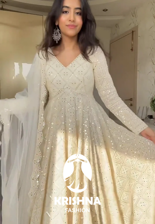 LAKHNAWI EMBROIDERED GEORGETTE ANARKALI FULLY STITCHED SUIT SET OFF WHITE  KF-115