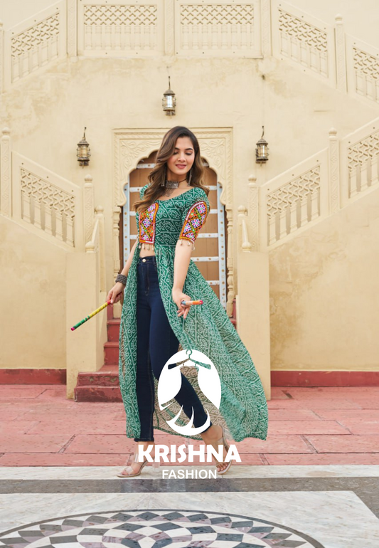 Bandhani Print Front Slit Kurti with Kutchi Mirror Work Yoke – Navratri Special KFK- 1189