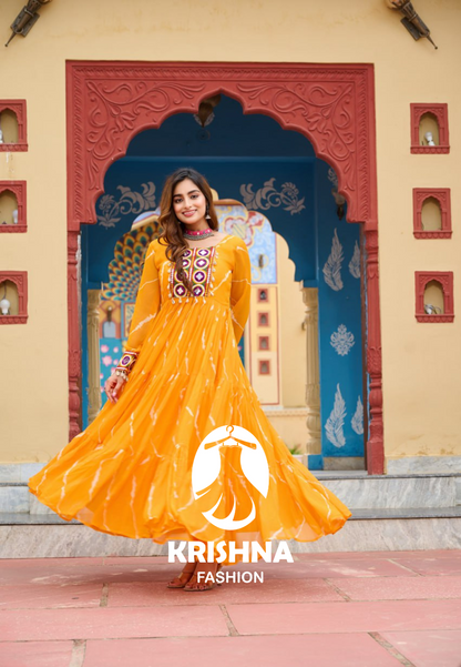 Bandhani Print Flared Anarkali Gown with Kutchi Mirror Work – Navratri Special KFK-1187