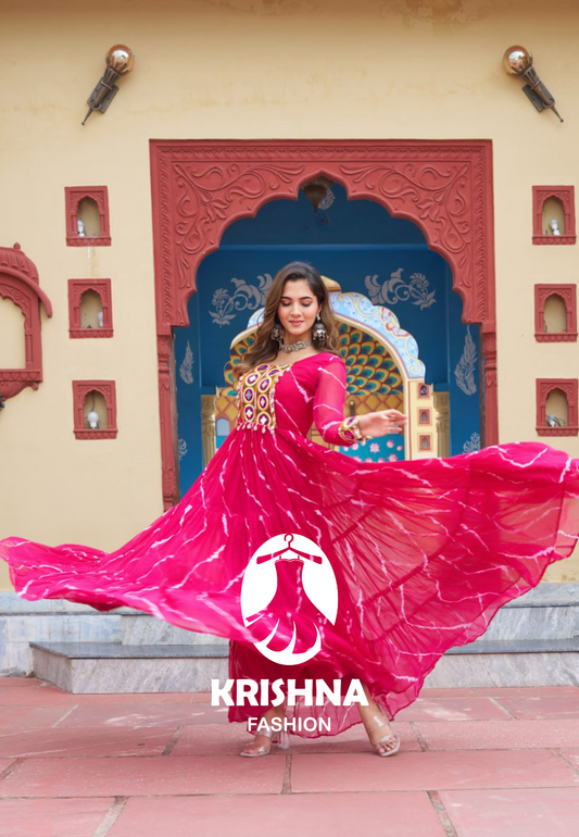 Bandhani Print Flared Anarkali Gown with Kutchi Mirror Work – Navratri Special KFK-1187