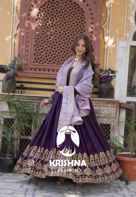 Purple Heavy Embroidered Gown with Mirror Work Dupatta – Festive Ethnic Set by KFK-1143