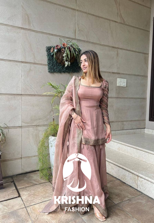 Dusty Rose Embroidered Sharara Suit with Net Dupatta – Traditional Indian Ethnic Wear for Women KFN-691