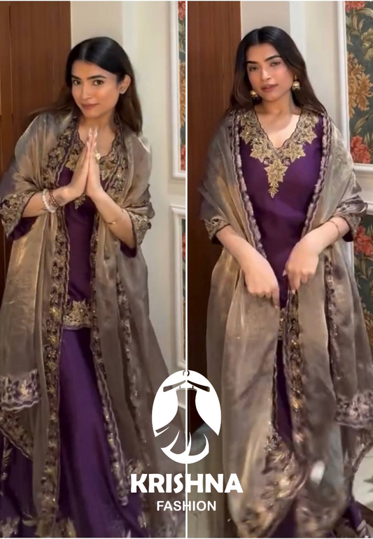 Embroidered Chinnon Silk Suit with Heavy Embellished Dupatta KFS-5244