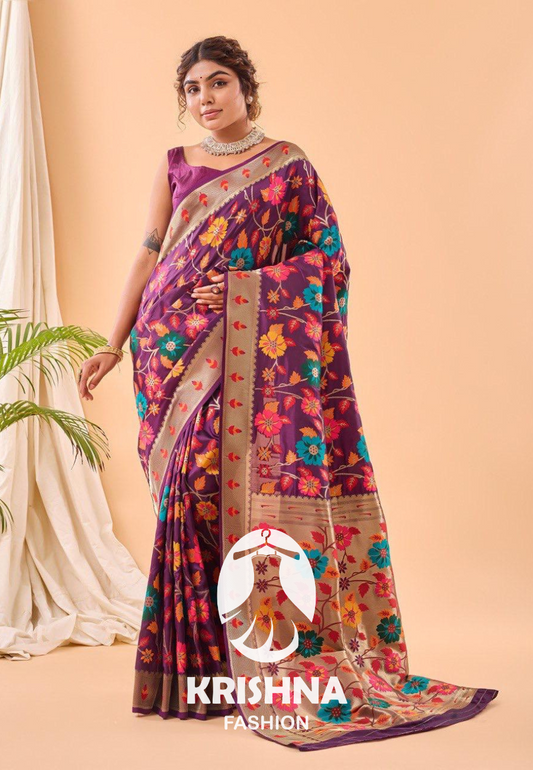 Banarasi Silk Saree with Multicolor Floral Zari Weaving and Golden Border KFM