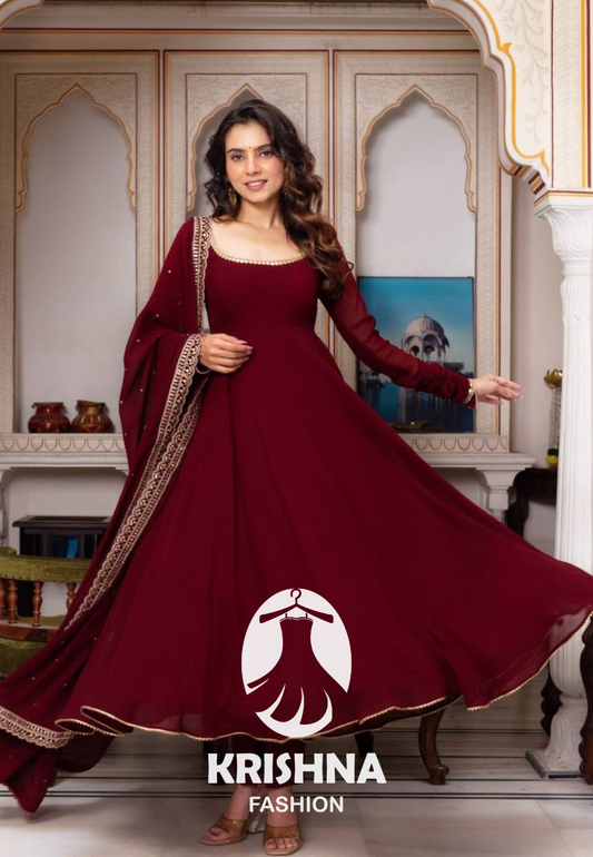 Maroon Faux Georgette Embroidered Anarkali Gown with Dupatta KFS-5222