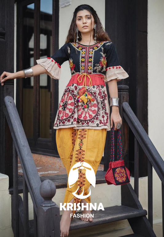 Black & Red Embroidered Navratri Kediya with Yellow Dhoti Pant – Traditional Garba Outfit for Women