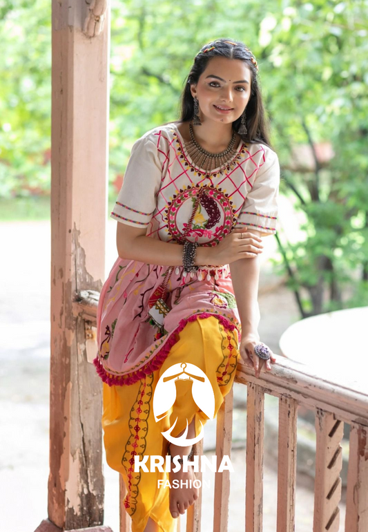 Traditional Embroidered Kediya Top with Yellow Dhoti Pant – Navratri Garba Wear for Women