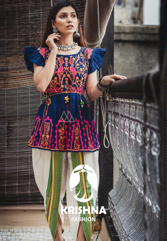 Tribal Embroidered Short Kurti with Flared Sleeves & Printed Dhoti Pants
