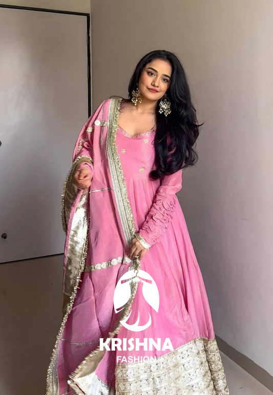 Elegant Pink Anarkali Gown with Mirror Embellished Border & Dupatta KF13D-6072
