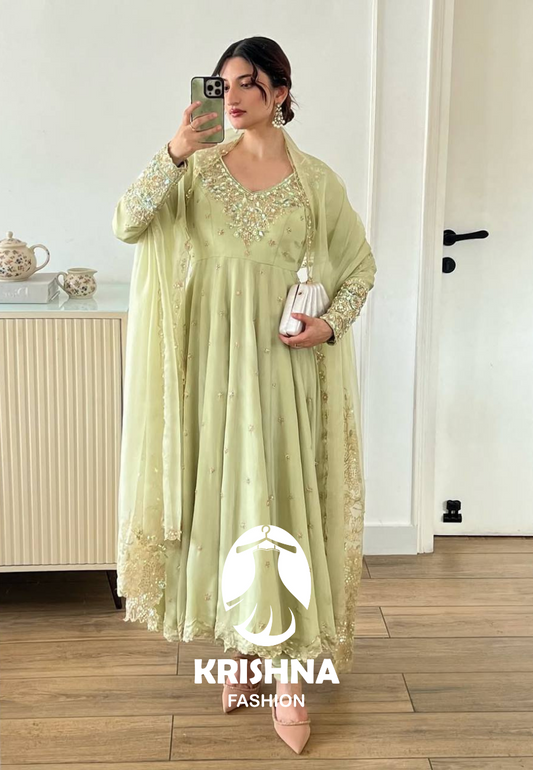 Launching Krishna Fashion New Designer Party Wear Pista Color Gown Set KFZ-419