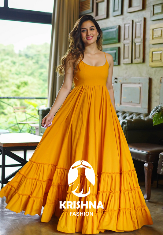 Mustard Yellow Spaghetti Strap flowy Ruffle Maxi Dress - 004