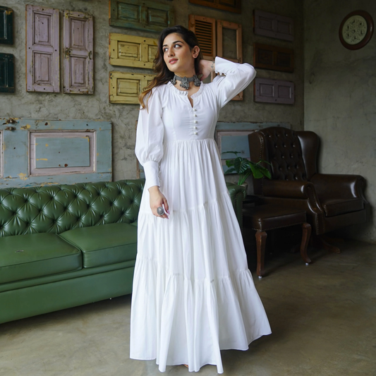 White Flared Maxi Dress with Puffy sleeves & Front Buttons - 008