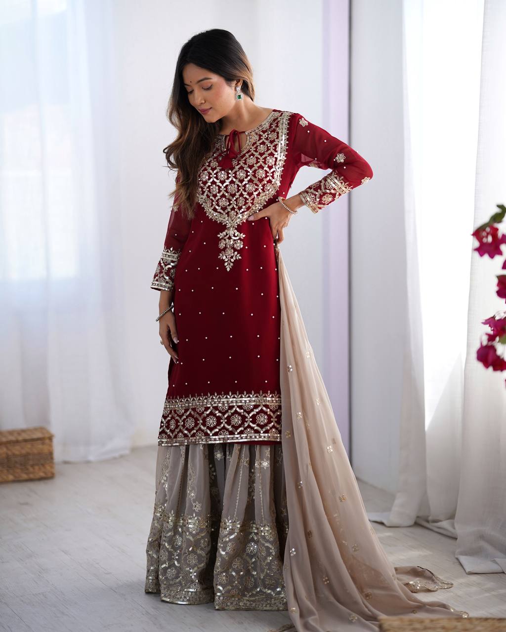 Chinnon Embroidered Kurta with Heavy Sharara and Dupatta KFZ-3110