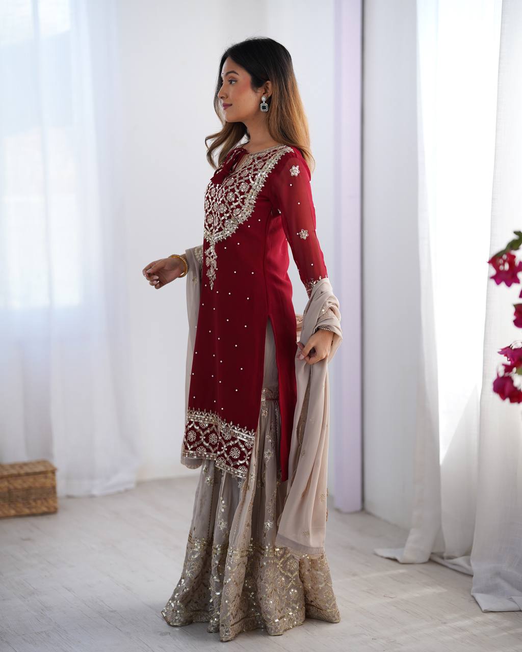 Chinnon Embroidered Kurta with Heavy Sharara and Dupatta KFZ-3110