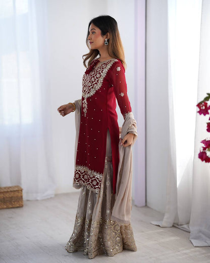 Chinnon Embroidered Kurta with Heavy Sharara and Dupatta KFZ-3110