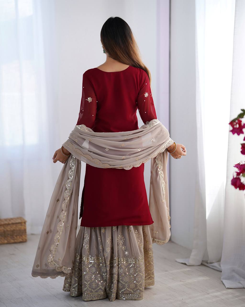Chinnon Embroidered Kurta with Heavy Sharara and Dupatta KFZ-3110