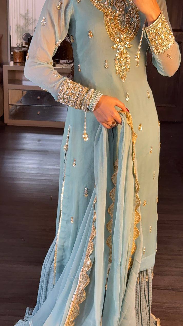Elegant Sky Blue Embroidered Chiffon Pakistani Suit with Sharara Pants & Dupatta KFS-5253