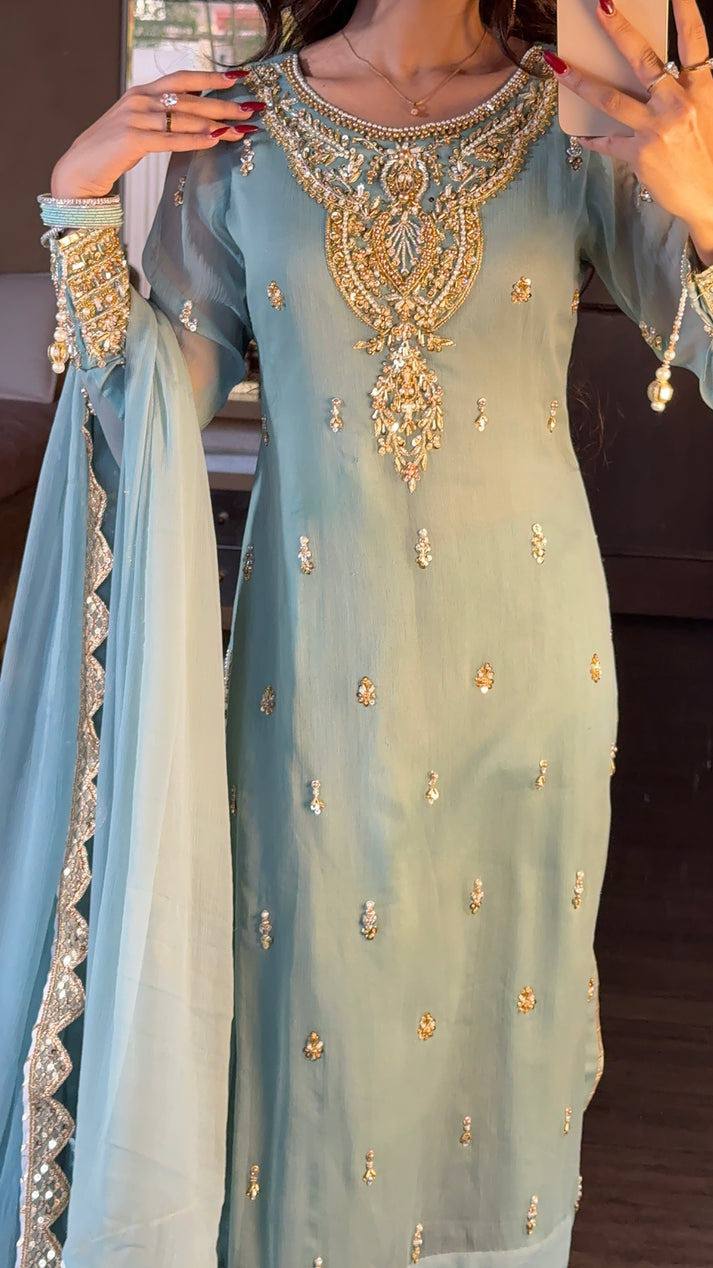 Elegant Sky Blue Embroidered Chiffon Pakistani Suit with Sharara Pants & Dupatta KFS-5253