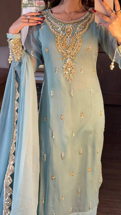 Elegant Sky Blue Embroidered Chiffon Pakistani Suit with Sharara Pants & Dupatta KFS-5253
