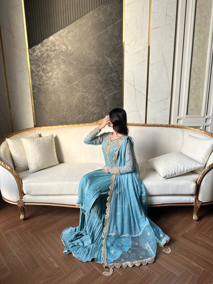 Elegant Sky Blue Embroidered Chiffon Pakistani Suit with Sharara Pants & Dupatta KFS-5253