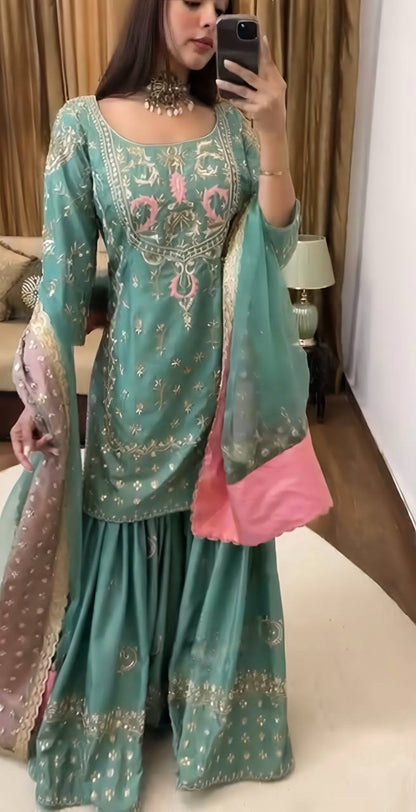 Embroidered Chinnon Silk Sharara Set with Net Dupatta – Teal Green & Pink KFS-5255
