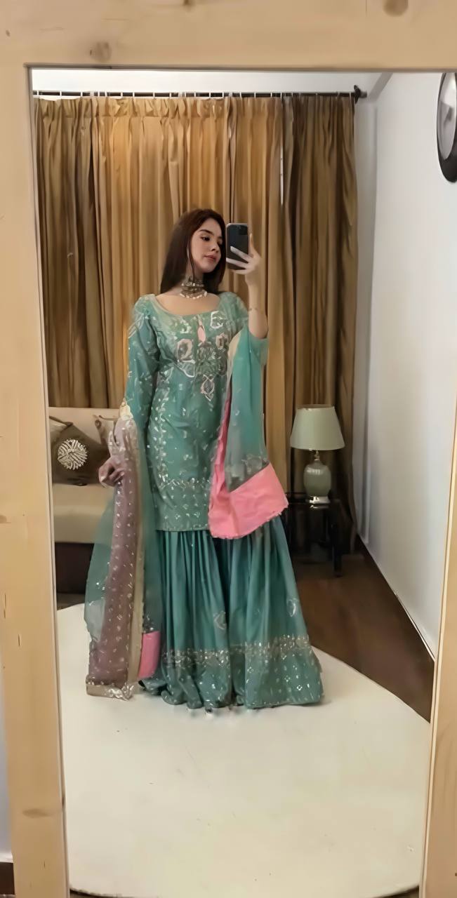 Embroidered Chinnon Silk Sharara Set with Net Dupatta – Teal Green & Pink KFS-5255