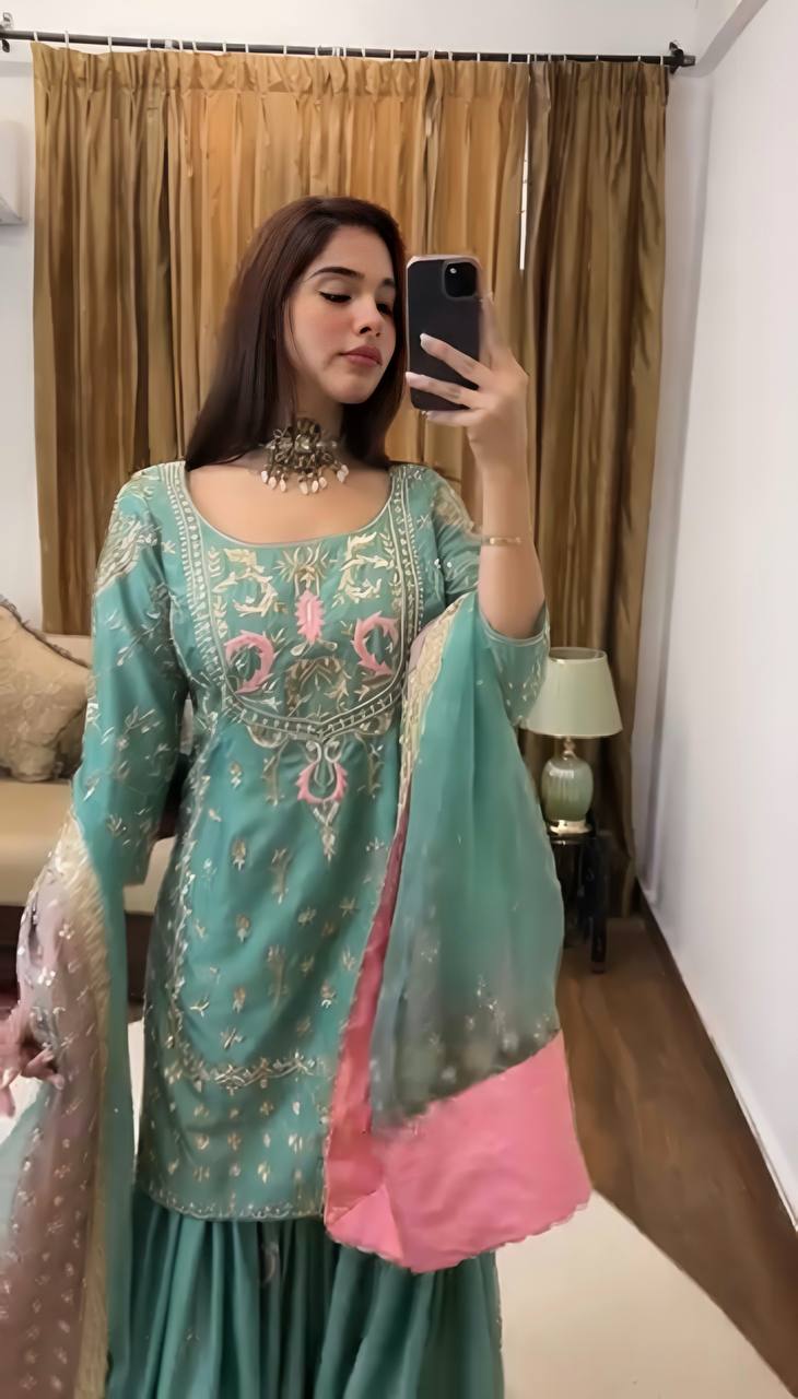 Embroidered Chinnon Silk Sharara Set with Net Dupatta – Teal Green & Pink KFS-5255