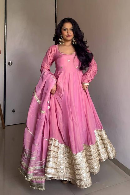 Elegant Pink Anarkali Gown with Mirror Embellished Border & Dupatta KF13D-6072