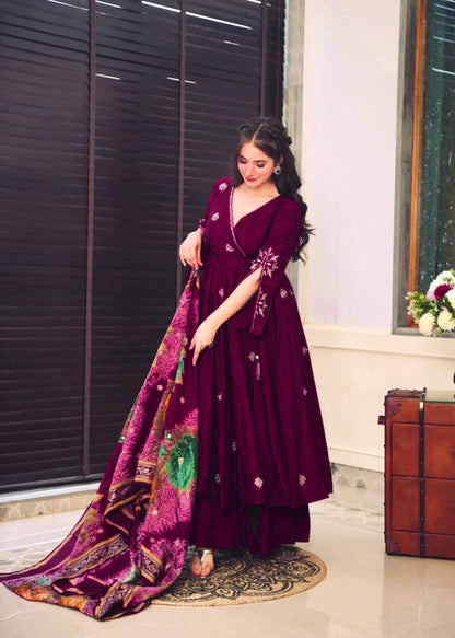 Red colour embroidery anrakli suit for women KFS-5182