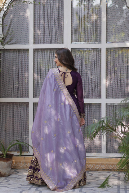 Purple Heavy Embroidered Gown with Mirror Work Dupatta – Festive Ethnic Set by KFK-1143