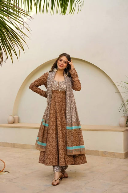 Elegant Brown Printed Anarkali Suit Set with Mirror Work Yoke & Chiffon Dupatta KFT-6050
