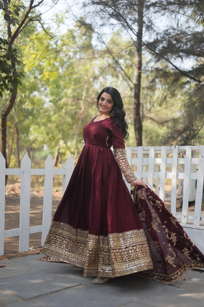 Designer Anarkali Suit Set - Dark Maroon with Intricate Thread-Sequins Embroidery